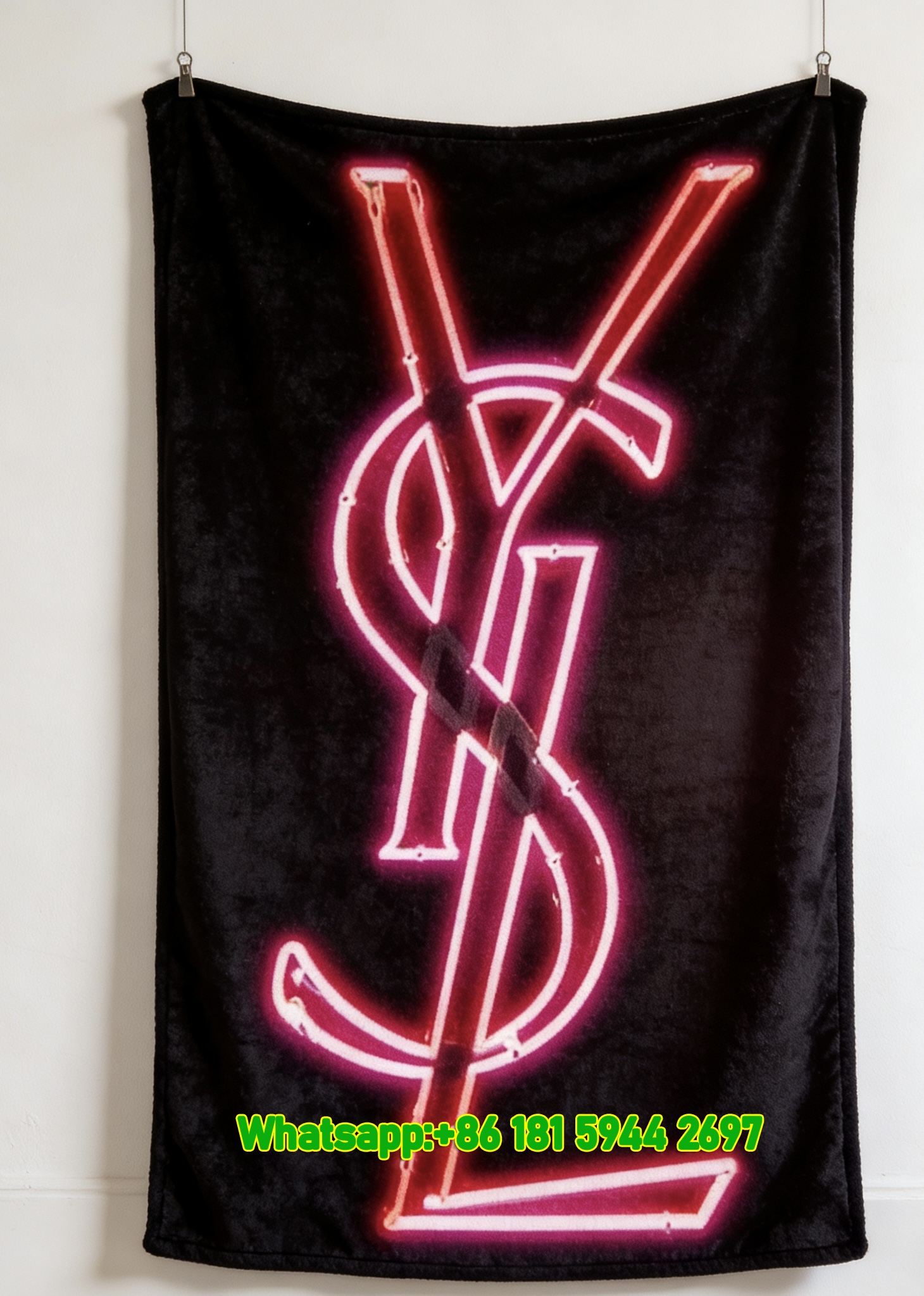 Yves Saint Laurent YSL Neon Pink Logo Print Flannel Sofa Throw Blanket Luxury Black Background Decor Blanket IMG_3255